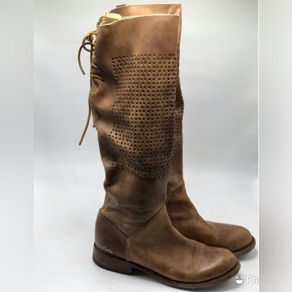 Bed Stu Cambridge Tan Leather Knee High Perforated Distressed Boots 9.5.